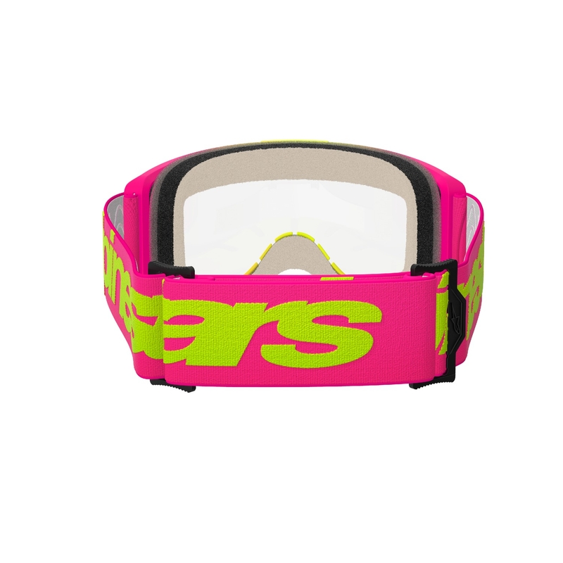 Motokros očala Alpinestars Vision 5 Wordmark roza-fluo rumena s prozornim pleksi steklom