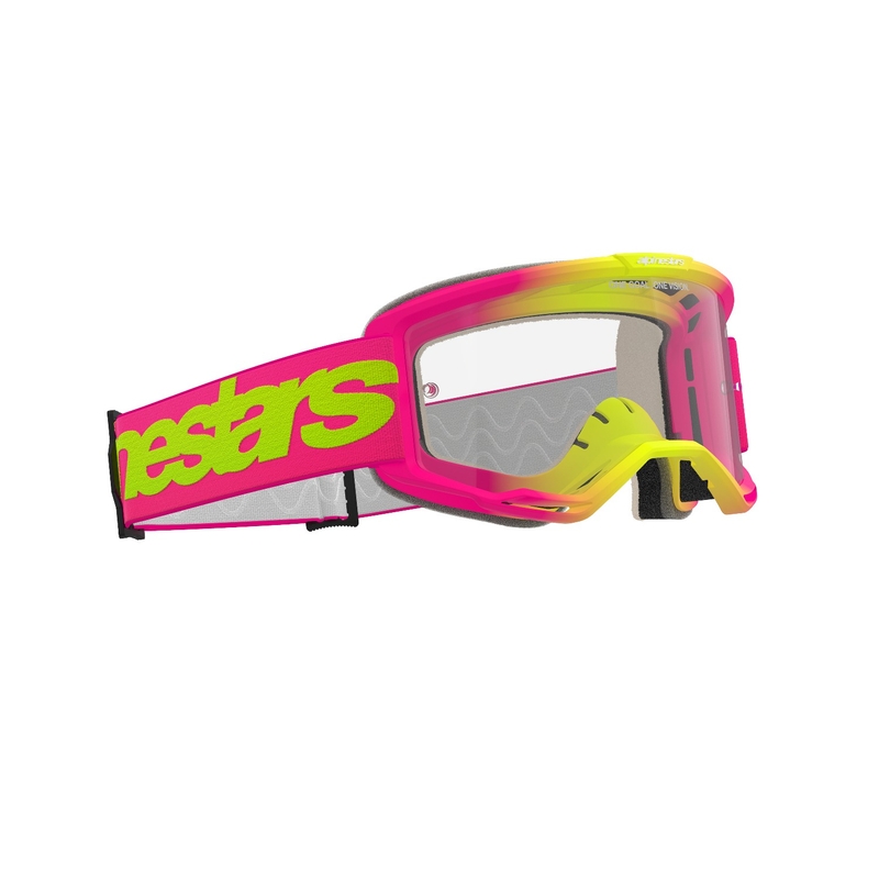 Motokros očala Alpinestars Vision 5 Wordmark roza-fluo rumena s prozornim pleksi steklom