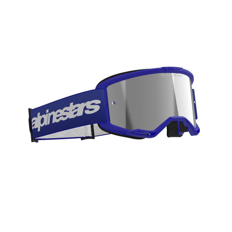 Modra motokros očala Alpinestars Vision 3 Wordmark z zrcalno srebrno lečo