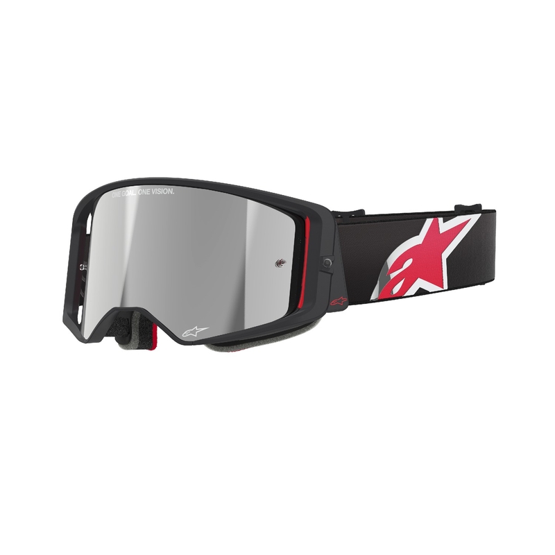 Črno-rdeča očala za motokros Alpinestars Supertech Corp z zrcalno srebrno lečo