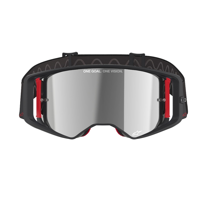 Črno-rdeča očala za motokros Alpinestars Supertech Corp z zrcalno srebrno lečo