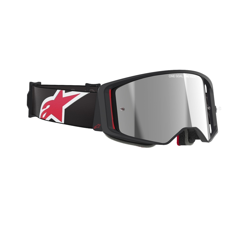 Črno-rdeča očala za motokros Alpinestars Supertech Corp z zrcalno srebrno lečo