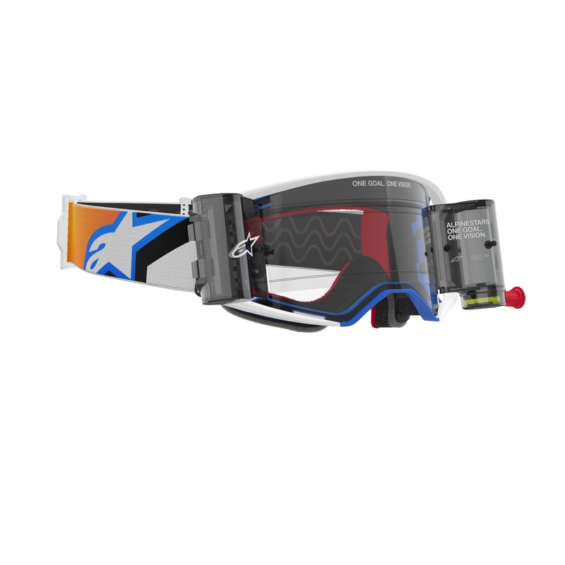 Motokros očala Alpinestars Supertech Corp ROLL-OFF Wide Vision modro-oranžna s prozornimi lečami