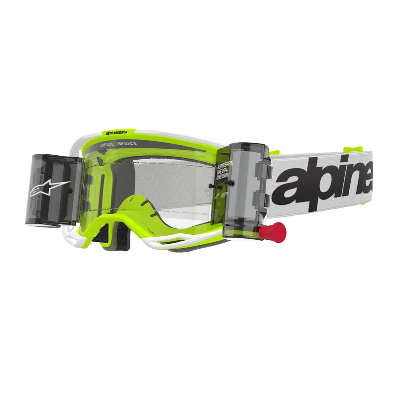 Motokros očala Alpinestars Vision 8 Wordmark ROLL-OFF Wide Vision belo-fluo rumena s prozornim steklom