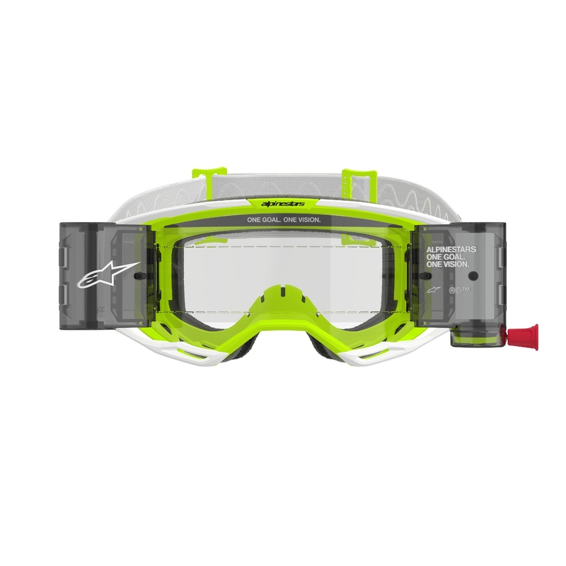 Motokros očala Alpinestars Vision 8 Wordmark ROLL-OFF Wide Vision belo-fluo rumena s prozornim steklom