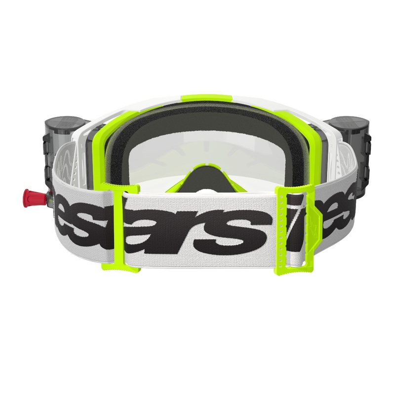 Motokros očala Alpinestars Vision 8 Wordmark ROLL-OFF Wide Vision belo-fluo rumena s prozornim steklom