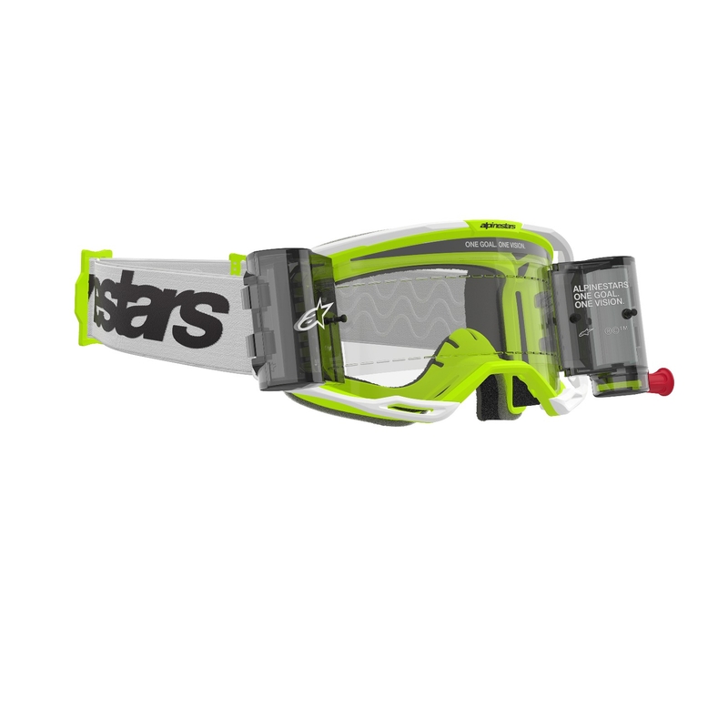 Motokros očala Alpinestars Vision 8 Wordmark ROLL-OFF Wide Vision belo-fluo rumena s prozornim steklom