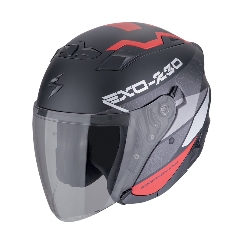 Odprta motoristična čelada SCORPION EXO-230 BAND mat črno-rdeča-srebrna razprodaja