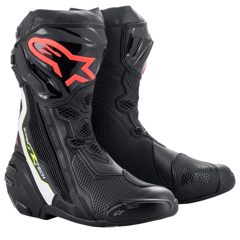 Motoristični škornji Alpinestars Supertech R črno-beli-fluo rdeče-fluo rumeni