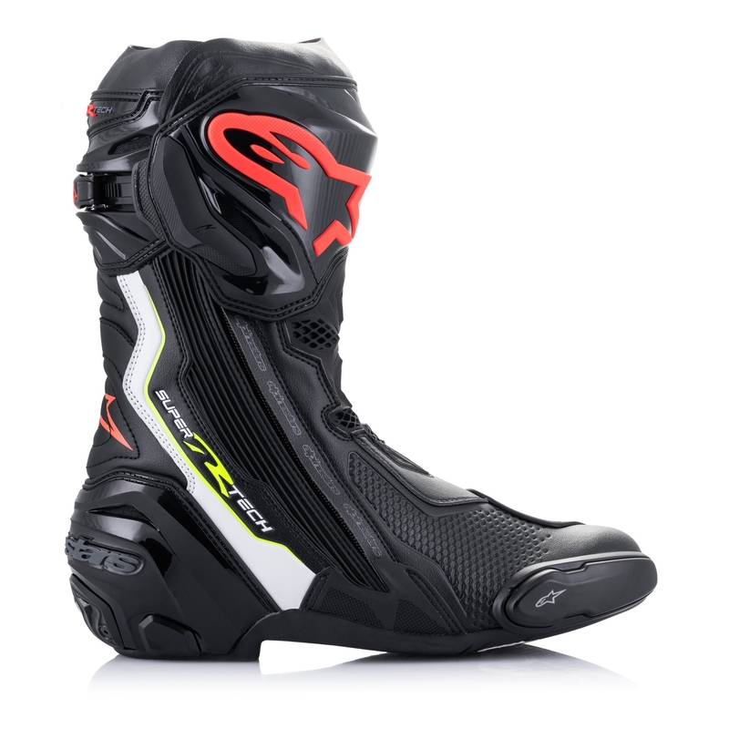 Motoristični škornji Alpinestars Supertech R črno-beli-fluo rdeče-fluo rumeni