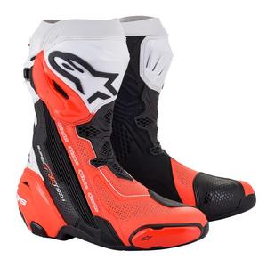 Motoristični škornji Alpinestars Supertech R Vented črno-beli-fluo rdeči