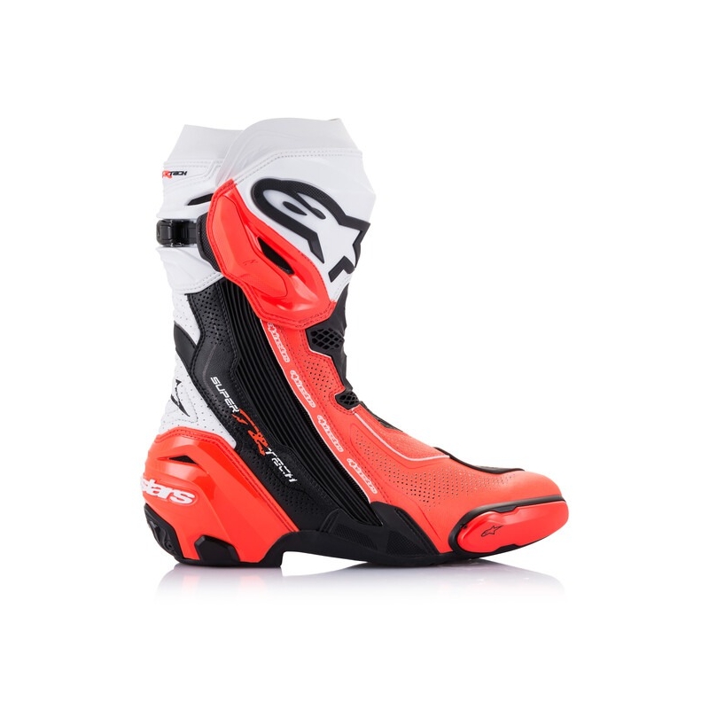 Motoristični škornji Alpinestars Supertech R Vented črno-beli-fluo rdeči