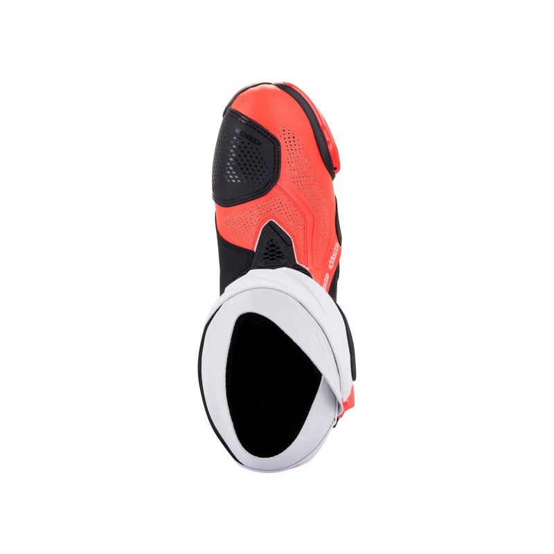 Motoristični škornji Alpinestars Supertech R Vented črno-beli-fluo rdeči