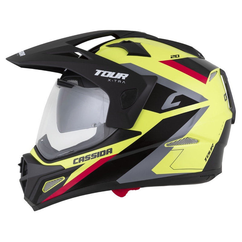 Enduro čelada Cassida Tour 2.0 X-tra fluo rumeno-črno-rdeče-siva s črnim mat vizirjem