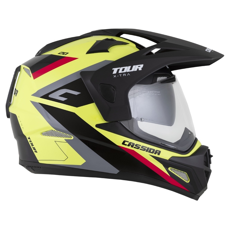 Enduro čelada Cassida Tour 2.0 X-tra fluo rumeno-črno-rdeče-siva s črnim mat vizirjem