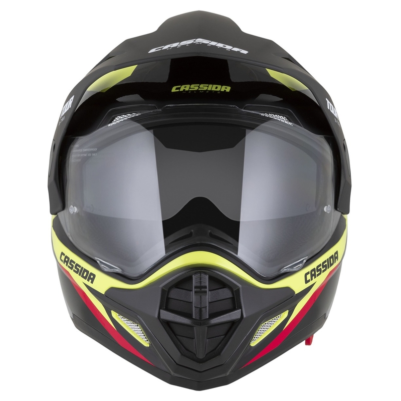 Enduro čelada Cassida Tour 2.0 X-tra fluo rumeno-črno-rdeče-siva s črnim mat vizirjem