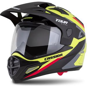Enduro čelada Cassida Tour 2.0 X-tra fluo rumeno-črno-rdeče-siva s črnim mat vizirjem