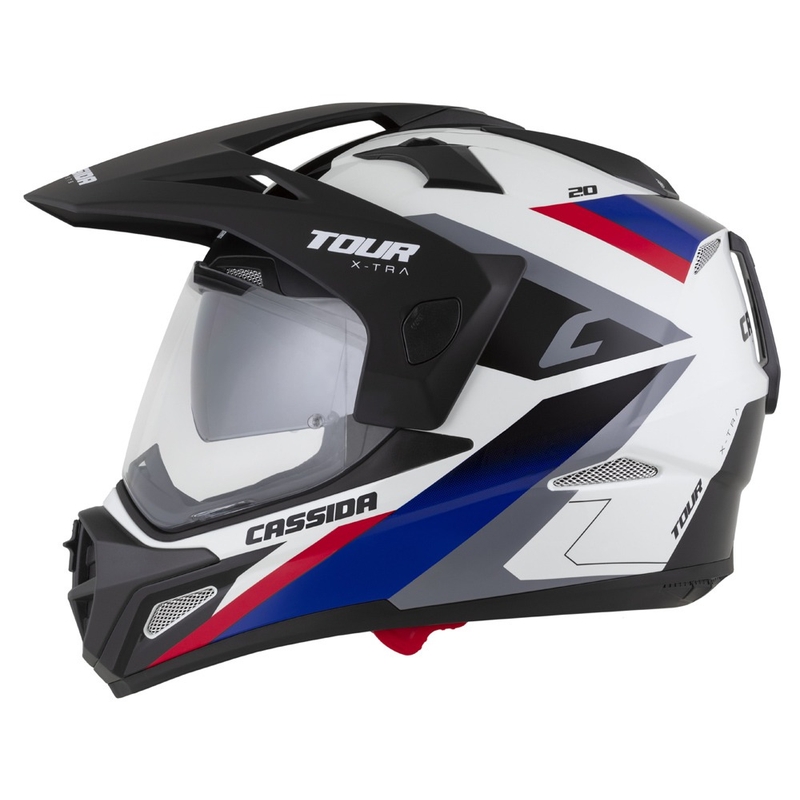 Enduro čelada Cassida Tour 2.0 X-tra bela-modra-rdeča-črna s črnim mat vizirjem