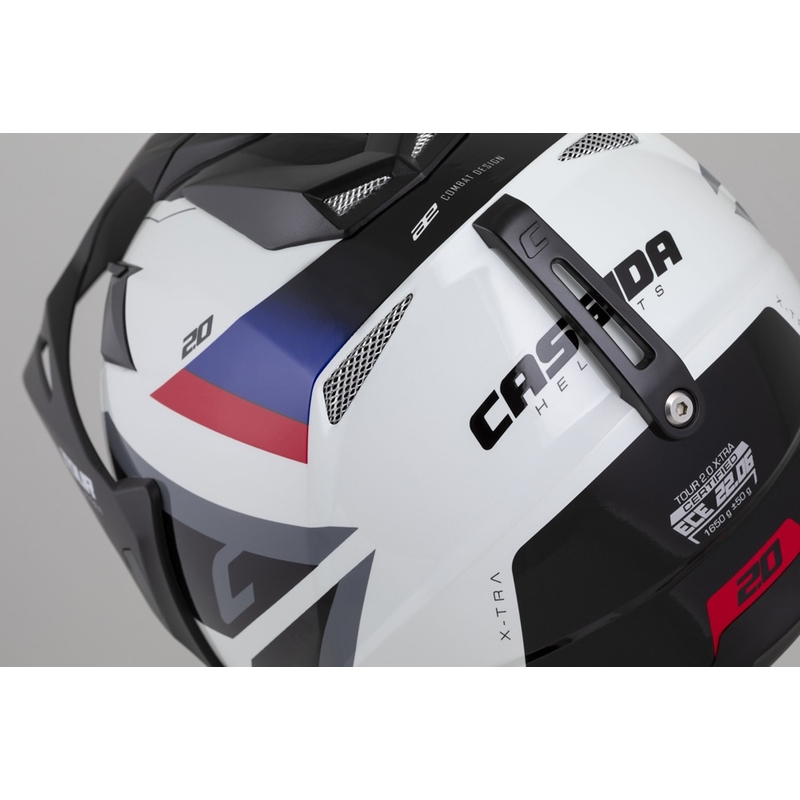 Enduro čelada Cassida Tour 2.0 X-tra bela-modra-rdeča-črna s črnim mat vizirjem
