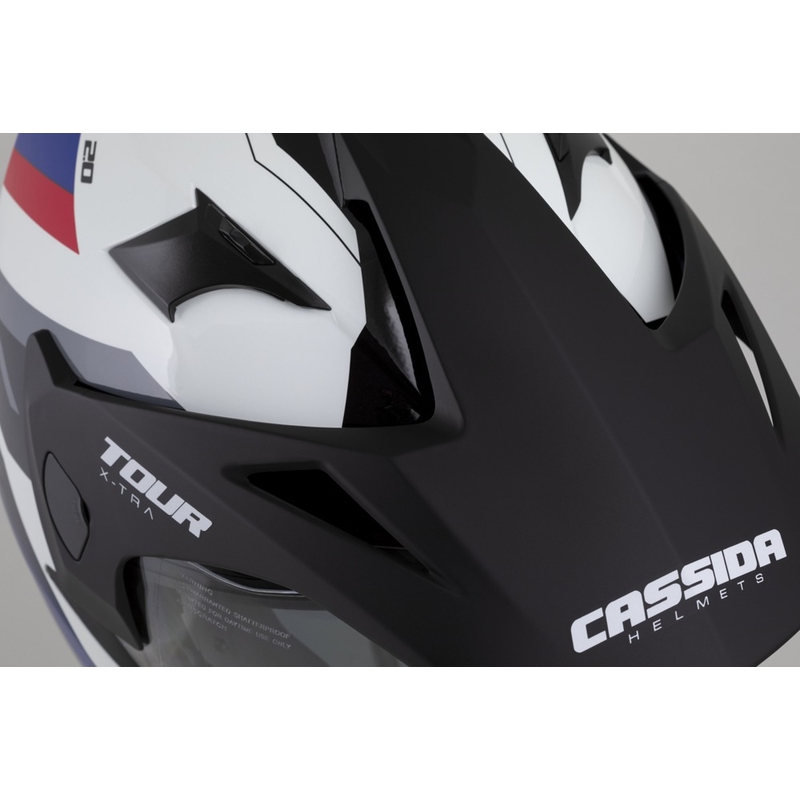 Enduro čelada Cassida Tour 2.0 X-tra bela-modra-rdeča-črna s črnim mat vizirjem