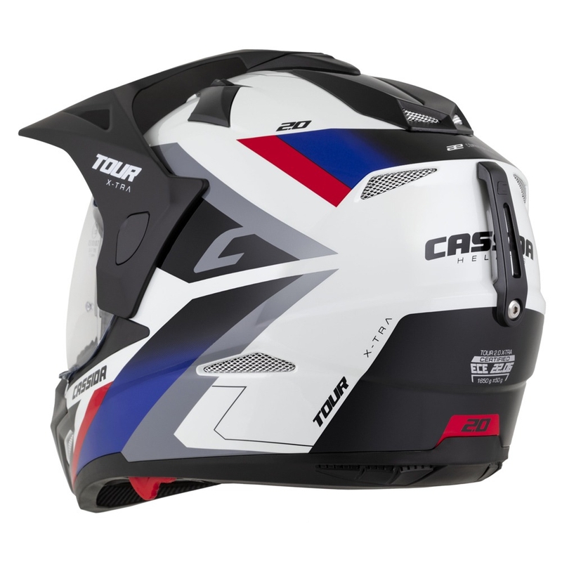 Enduro čelada Cassida Tour 2.0 X-tra bela-modra-rdeča-črna s črnim mat vizirjem