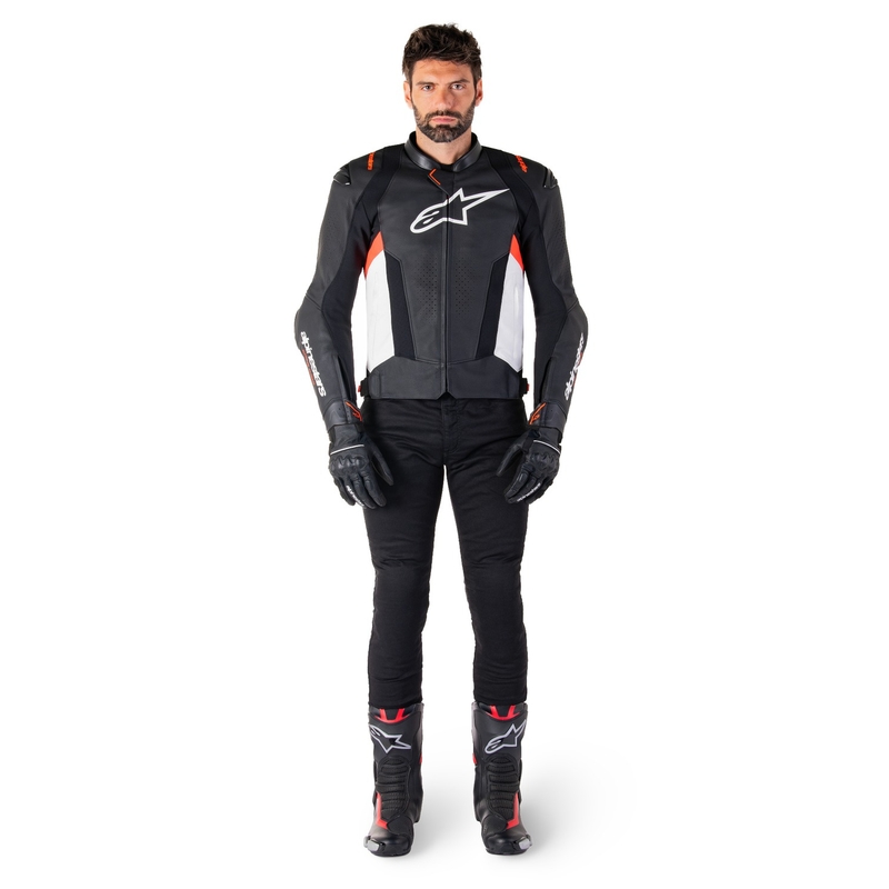 Usnjena motoristična jakna Alpinestars Missile 3 črno-bela-fluo rdeča