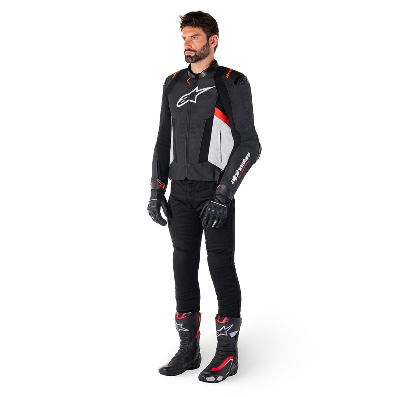 Usnjena motoristična jakna Alpinestars Missile 3 črno-bela-fluo rdeča