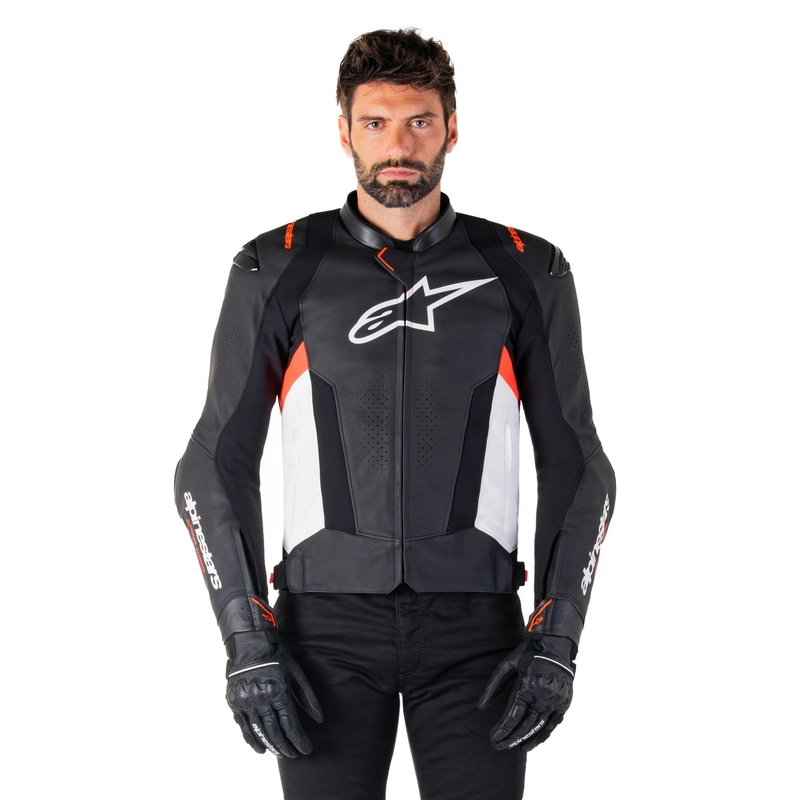 Usnjena motoristična jakna Alpinestars Missile 3 črno-bela-fluo rdeča