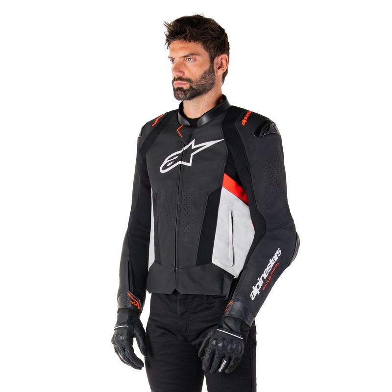 Usnjena motoristična jakna Alpinestars Missile 3 črno-bela-fluo rdeča