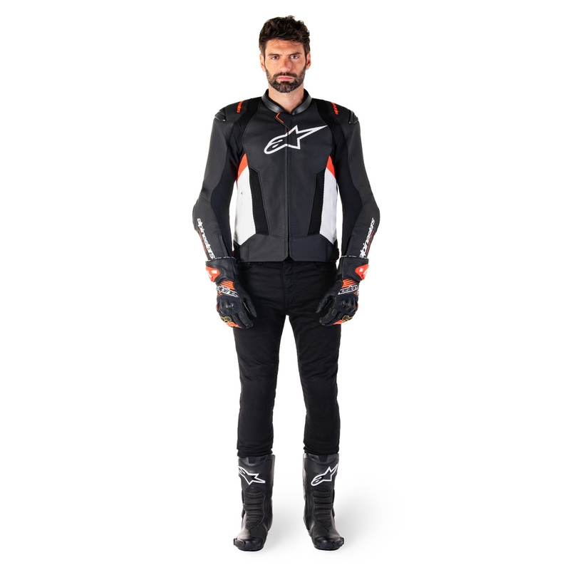 Usnjena motoristična jakna Alpinestars Missile 3 Airflow črno-bela-fluo rdeča