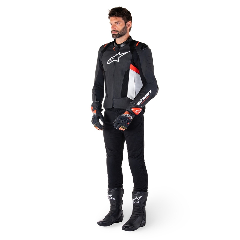 Usnjena motoristična jakna Alpinestars Missile 3 Airflow črno-bela-fluo rdeča