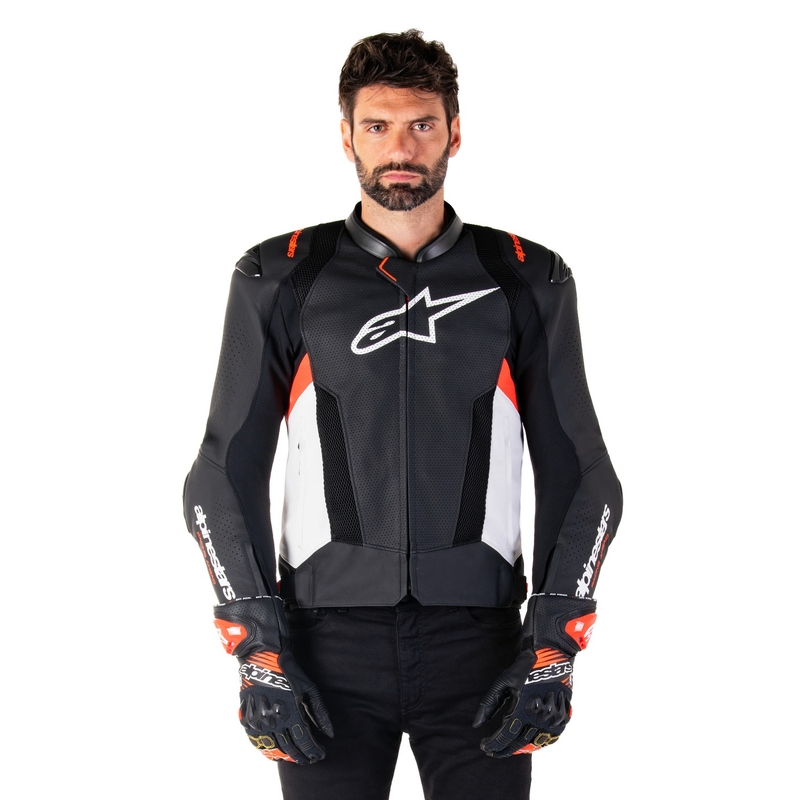 Usnjena motoristična jakna Alpinestars Missile 3 Airflow črno-bela-fluo rdeča