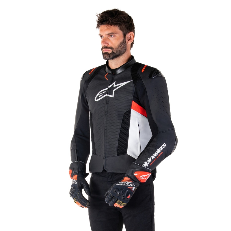 Usnjena motoristična jakna Alpinestars Missile 3 Airflow črno-bela-fluo rdeča