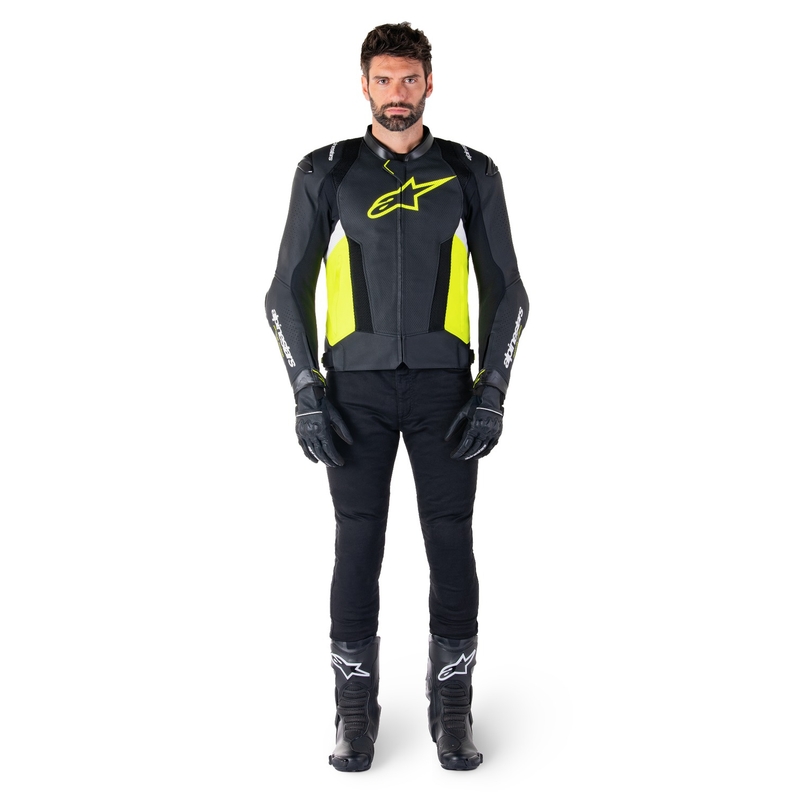 Usnjena motoristična jakna Alpinestars Missile 3 Airflow črno-fluo rumeno-bela