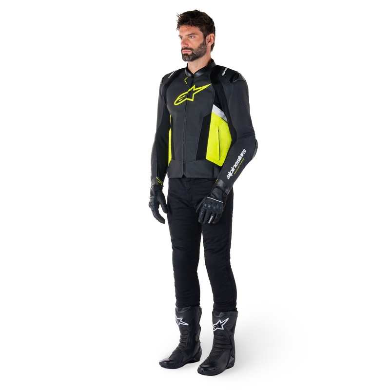 Usnjena motoristična jakna Alpinestars Missile 3 Airflow črno-fluo rumeno-bela