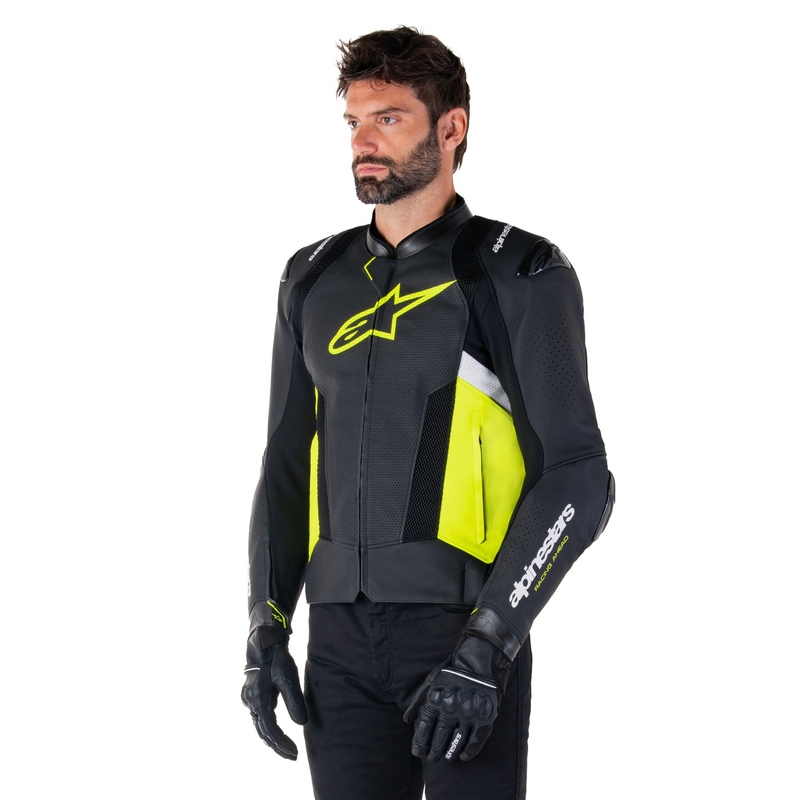 Usnjena motoristična jakna Alpinestars Missile 3 Airflow črno-fluo rumeno-bela