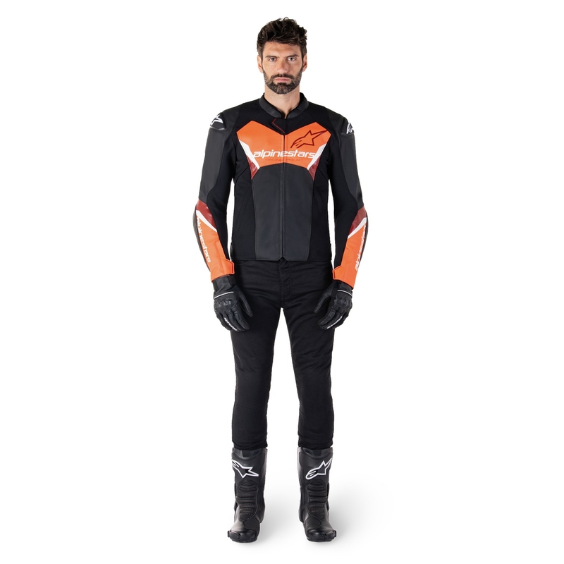 Usnjena motoristična jakna Alpinestars Faster 3 črno-fluo rdeča