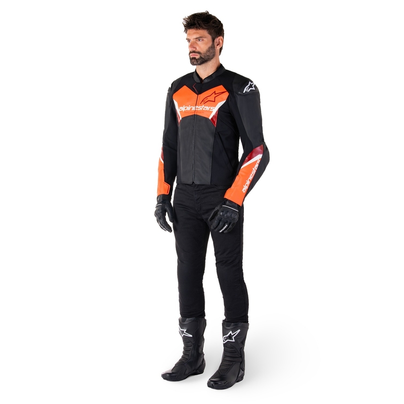 Usnjena motoristična jakna Alpinestars Faster 3 črno-fluo rdeča