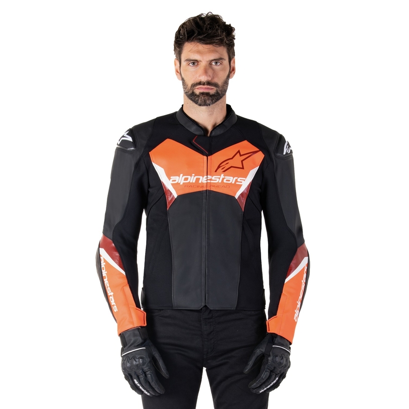 Usnjena motoristična jakna Alpinestars Faster 3 črno-fluo rdeča