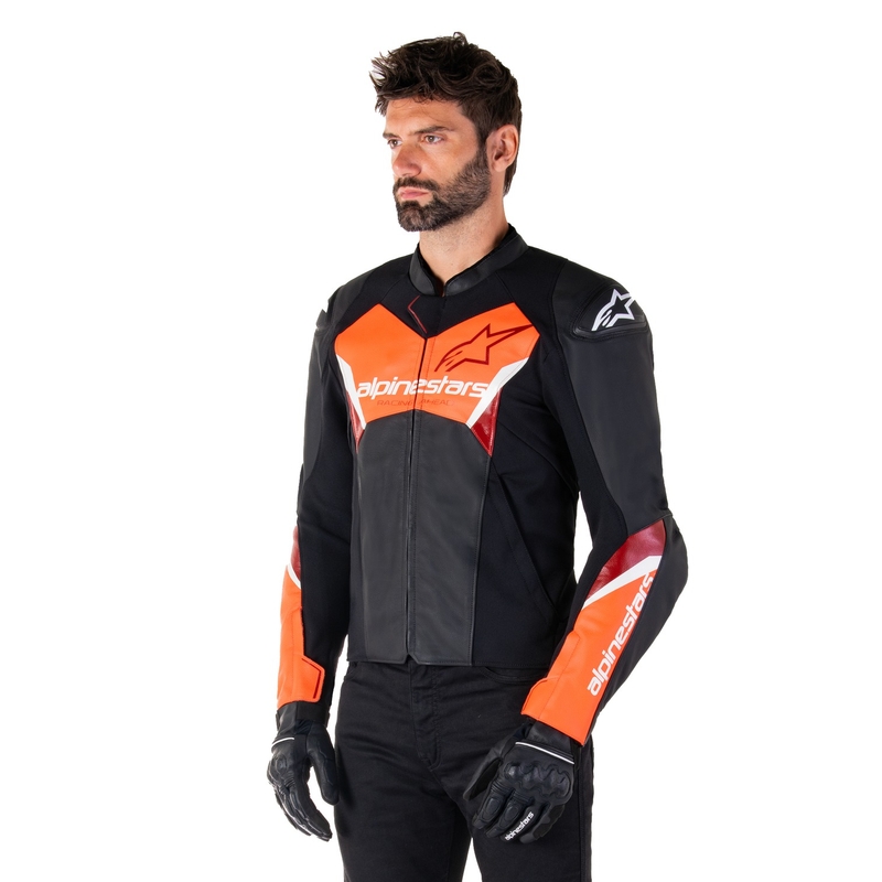 Usnjena motoristična jakna Alpinestars Faster 3 črno-fluo rdeča