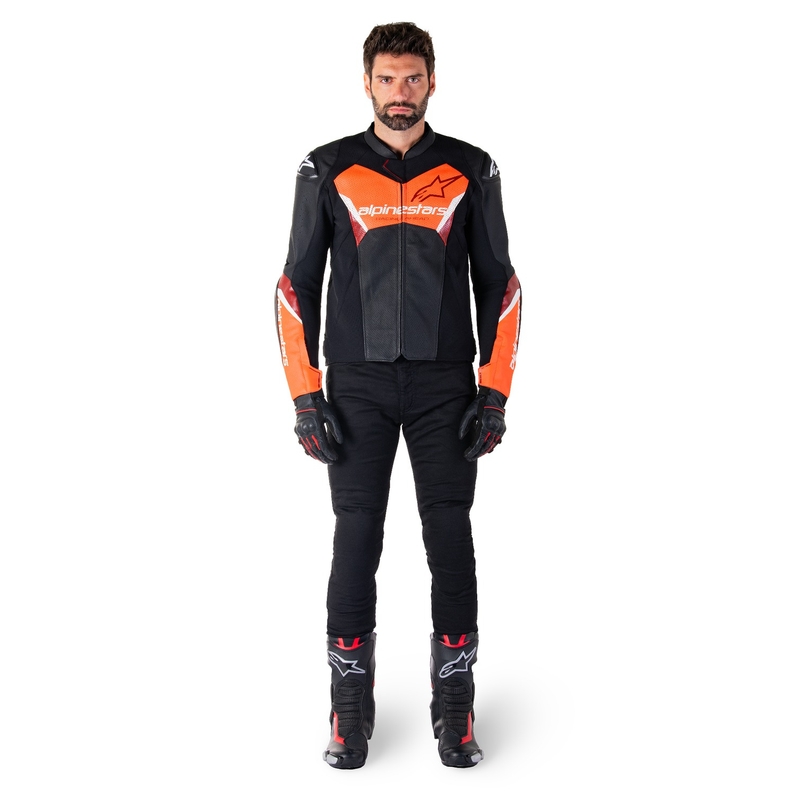 Usnjena motoristična jakna Alpinestars Faster 3 Airflow črno-fluo rdeča
