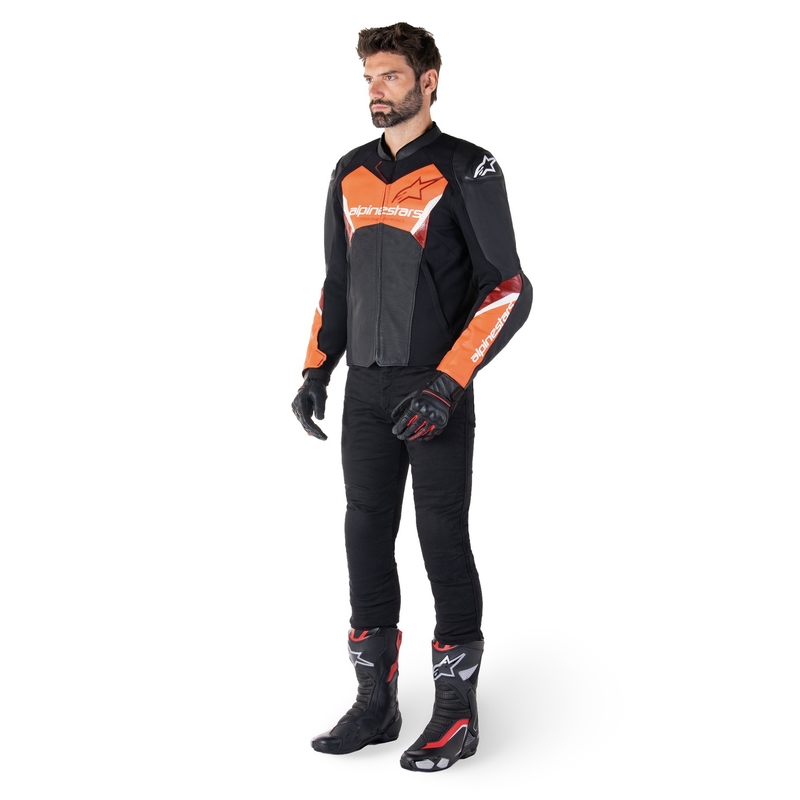 Usnjena motoristična jakna Alpinestars Faster 3 Airflow črno-fluo rdeča