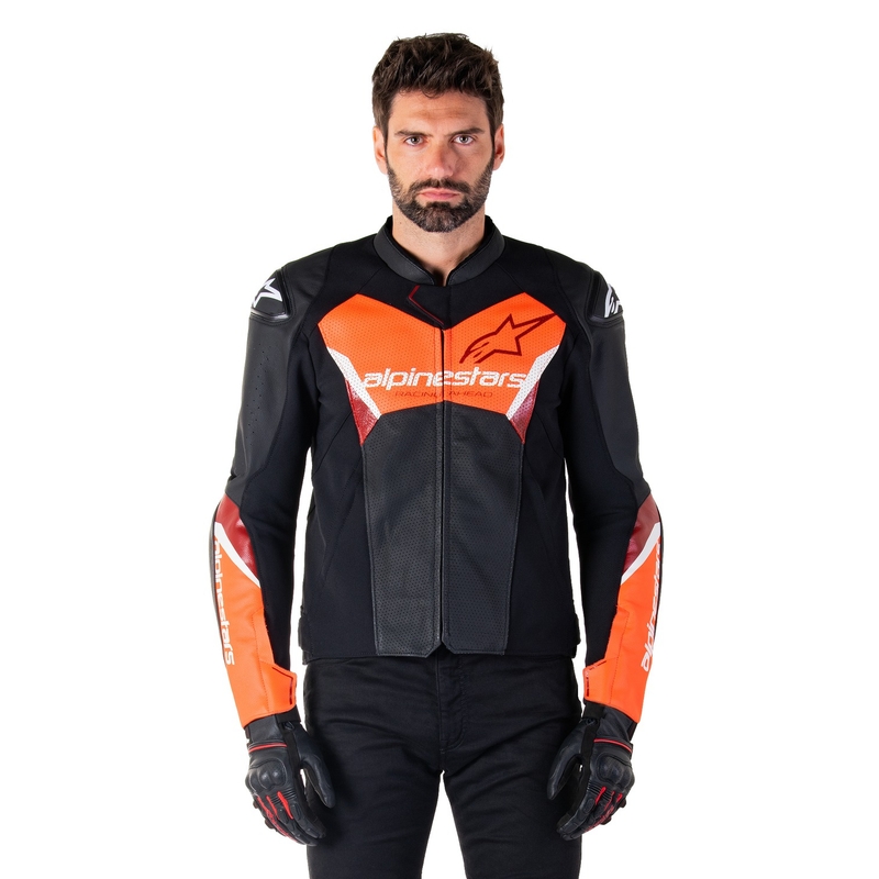 Usnjena motoristična jakna Alpinestars Faster 3 Airflow črno-fluo rdeča