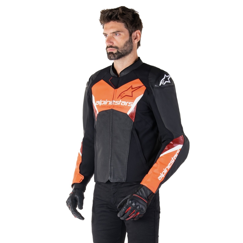 Usnjena motoristična jakna Alpinestars Faster 3 Airflow črno-fluo rdeča