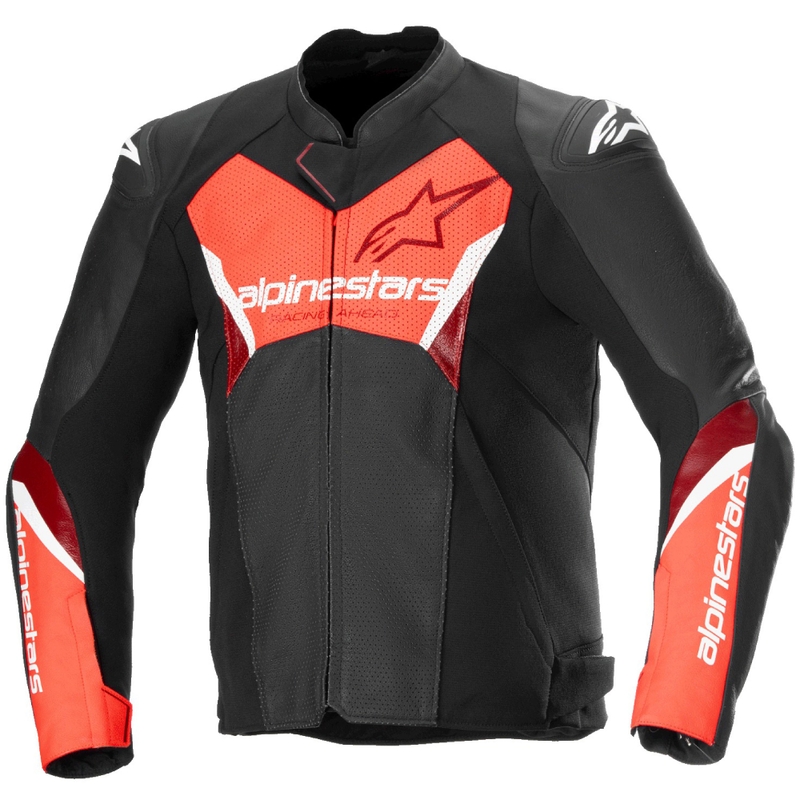 Usnjena motoristična jakna Alpinestars Faster 3 Airflow črno-fluo rdeča