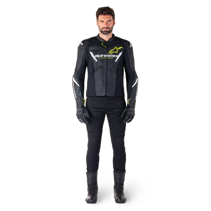 Usnjena motoristična jakna Alpinestars Faster 3 Airflow črno-belo-rumena