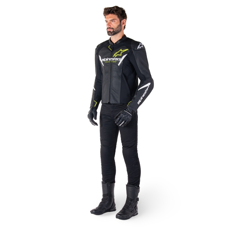 Usnjena motoristična jakna Alpinestars Faster 3 Airflow črno-belo-rumena