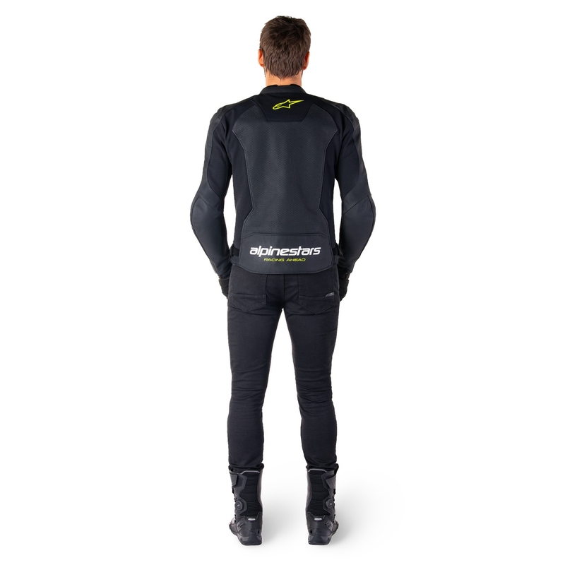 Usnjena motoristična jakna Alpinestars Faster 3 Airflow črno-belo-rumena