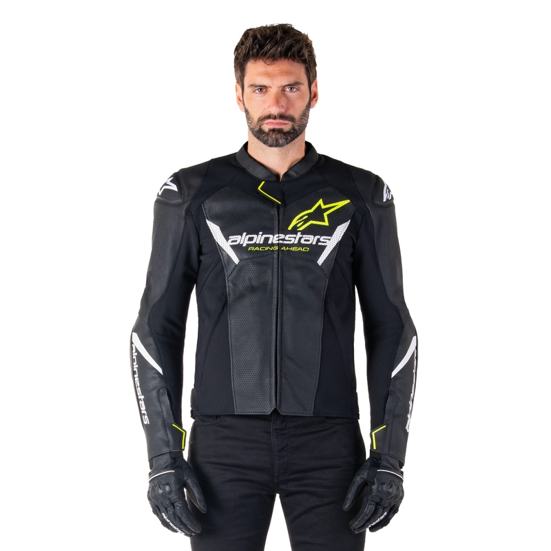 Usnjena motoristična jakna Alpinestars Faster 3 Airflow črno-belo-rumena