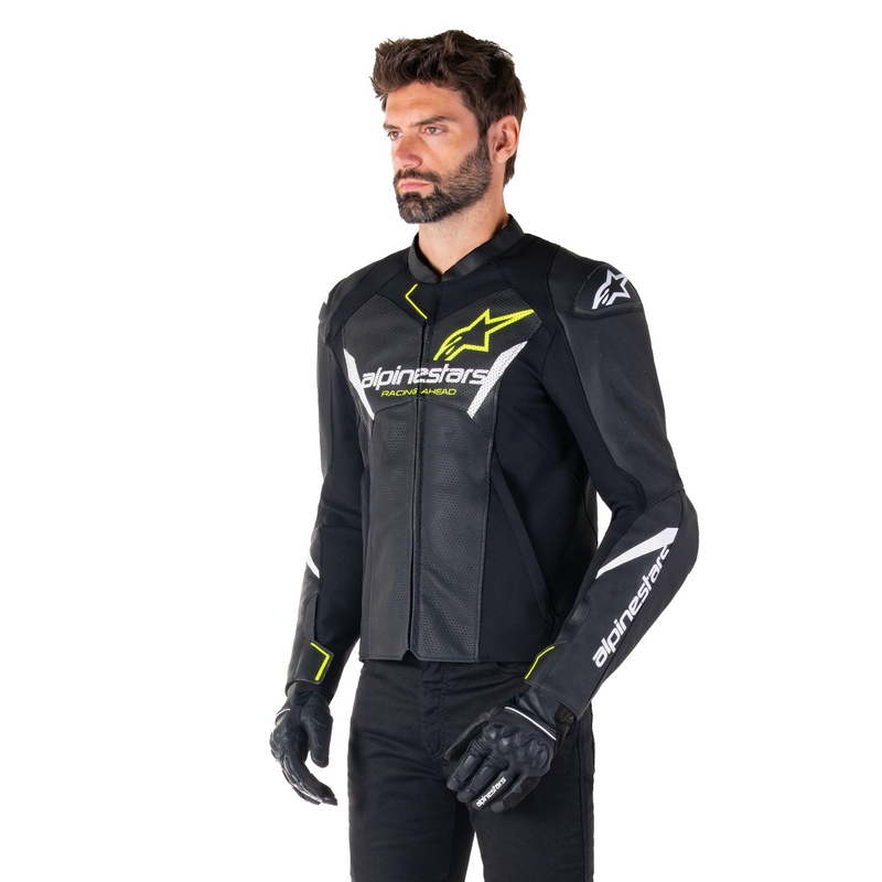 Usnjena motoristična jakna Alpinestars Faster 3 Airflow črno-belo-rumena
